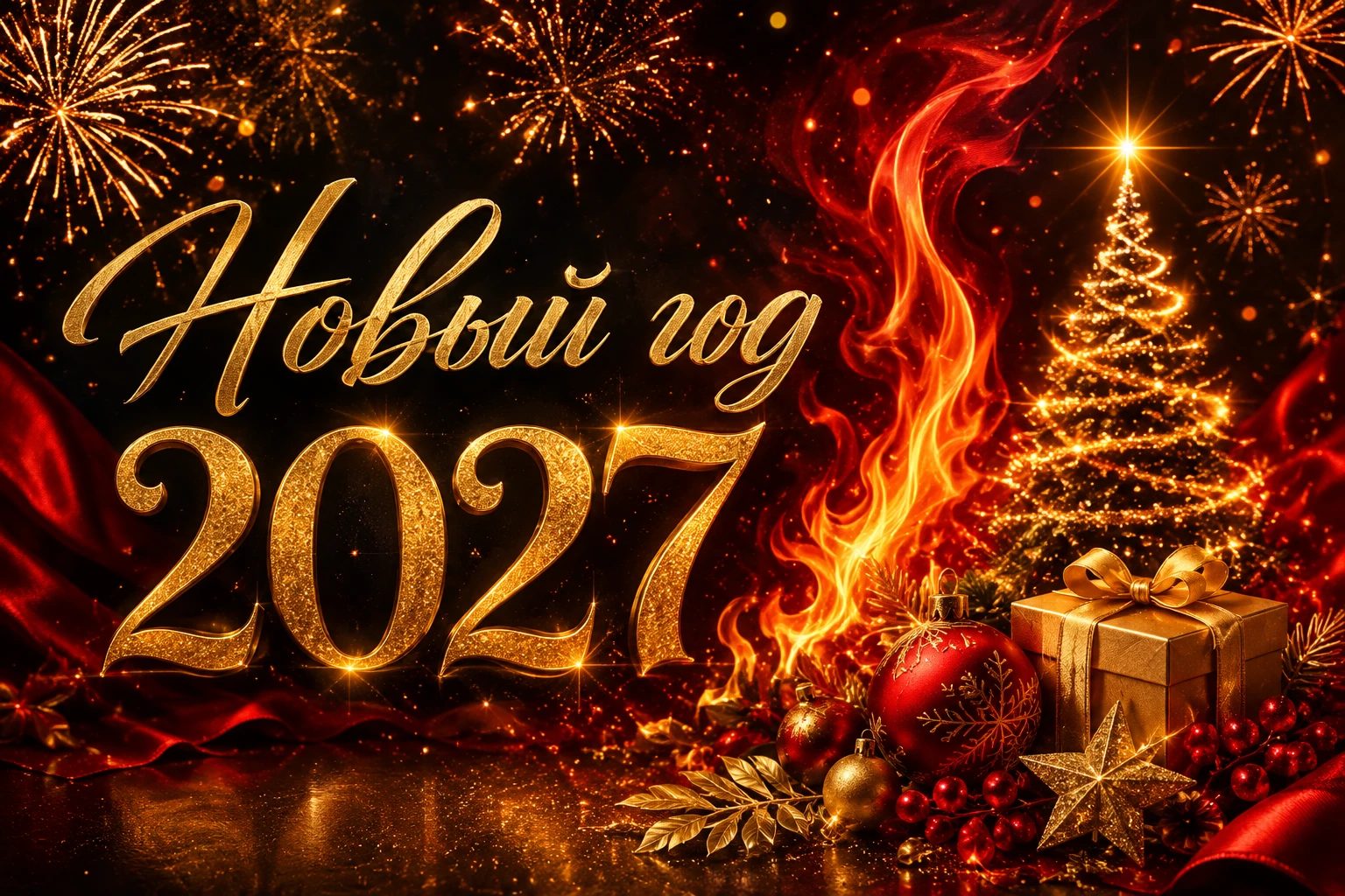 Новый год 2027: золотые цифры, огонь, ёлка и подарки